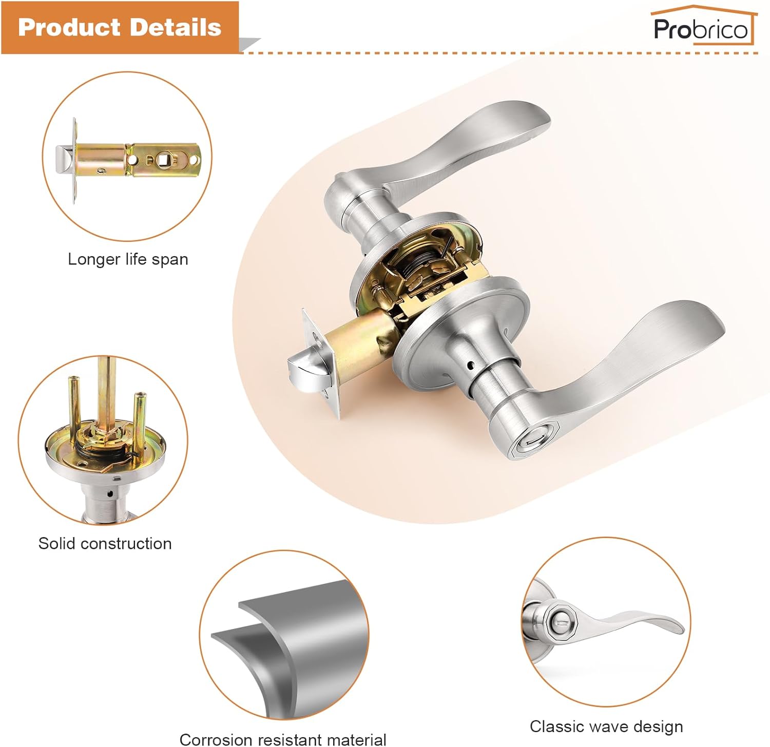 Probrico Privacy Door Levers Interior Door Handles Levers, Satin Nickel Door Lever for Bedroom Bathroom Wave Style Door Lever Left Right Handed Door Handles, 10 Pack