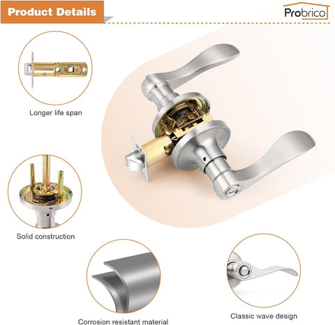 Probrico Privacy Door Levers Interior Door Handles Levers, Satin Nickel Door Lever for Bedroom Bathroom Wave Style Door Lever Left Right Handed Door Handles, 10 Pack