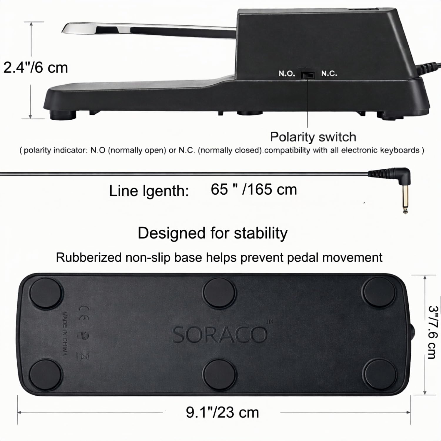 Soraco Sustain Pedal Universal for Yamaha Casio Roland Korg Behringer Moog Piano Midi Electronic keyboards Style with Polarity Switch, 1/4'' Input Plug