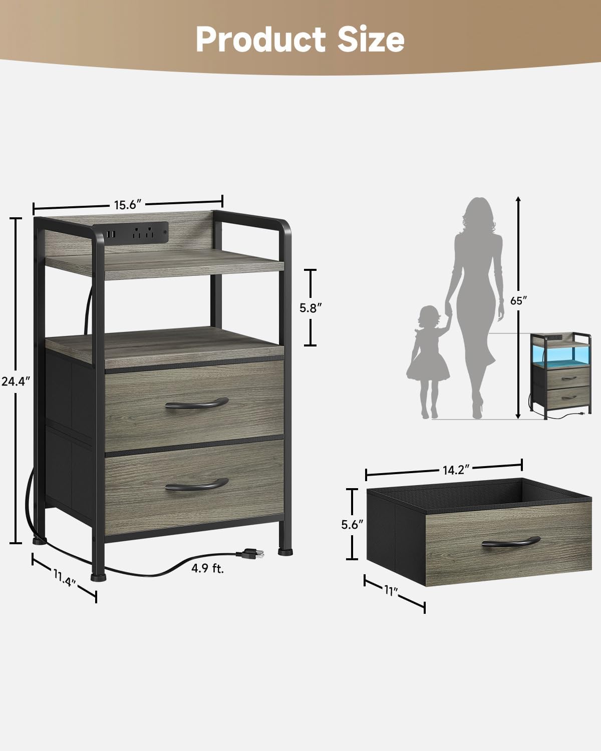Lazzanto Nightstand with Rear Charging Station, LED Light, 2 Drawers, Grey