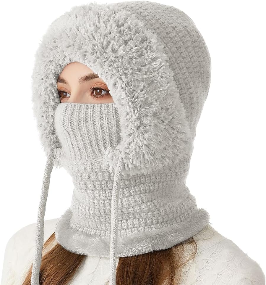 3 in 1 Beanie Hat with Scarf and Mask,Womens Knit Beanie Hat Fleece Lined Winter Scarf Mask Set Snow Caps