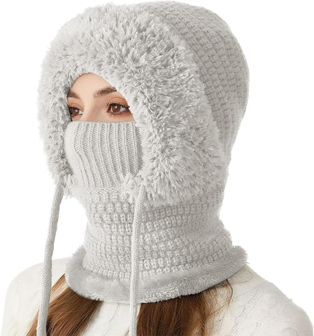 3 in 1 Beanie Hat with Scarf and Mask,Womens Knit Beanie Hat Fleece Lined Winter Scarf Mask Set Snow Caps