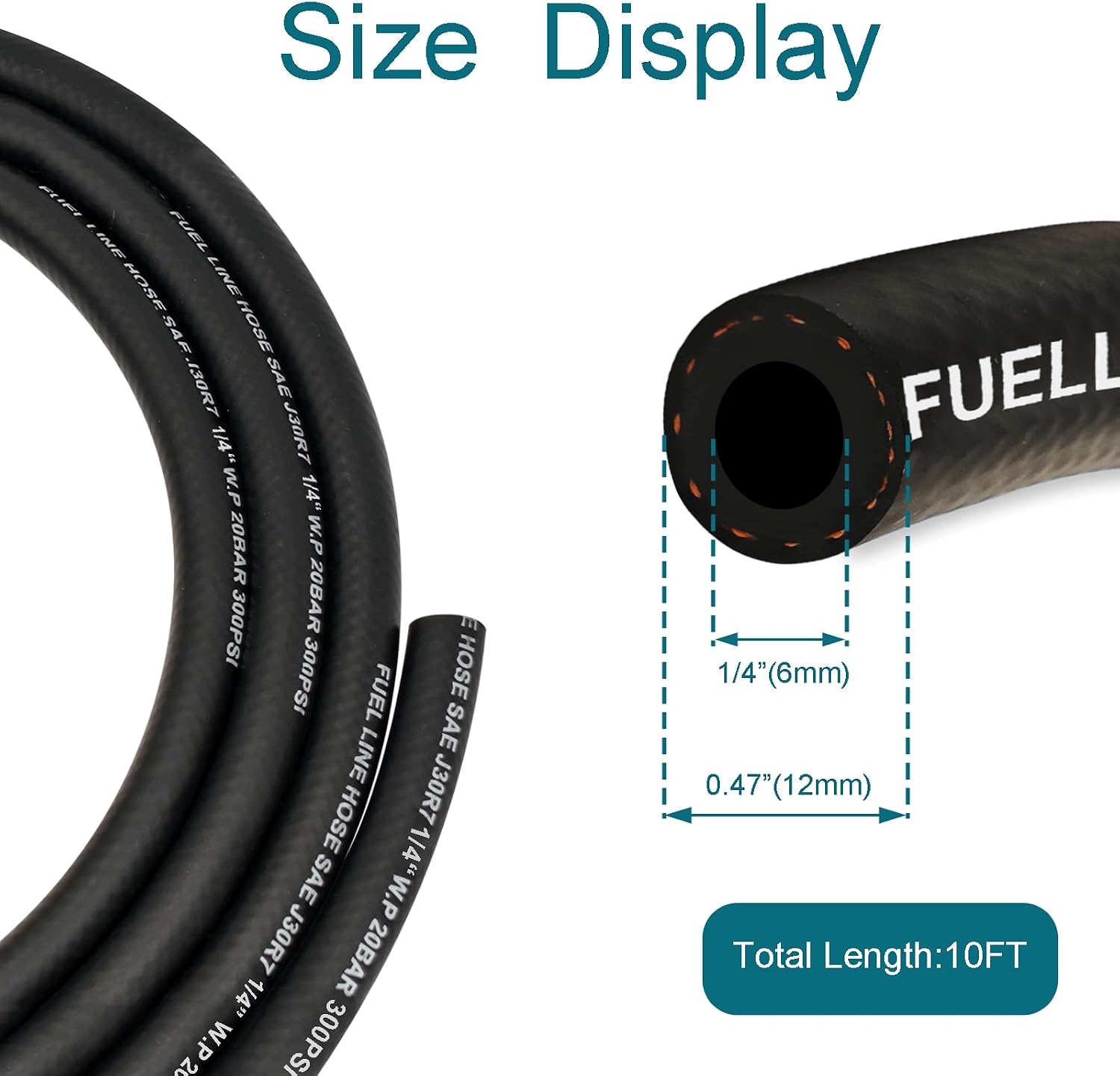 Fuel Line Hose 1/4 Inch ID, 10FT Fuel Hose, with 10 Clamps
