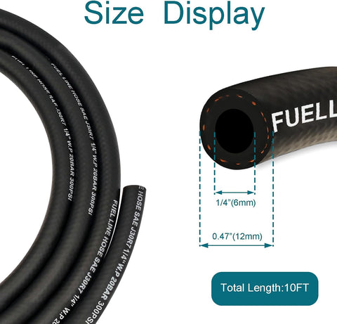 Fuel Line Hose 1/4 Inch ID, 10FT Fuel Hose, with 10 Clamps