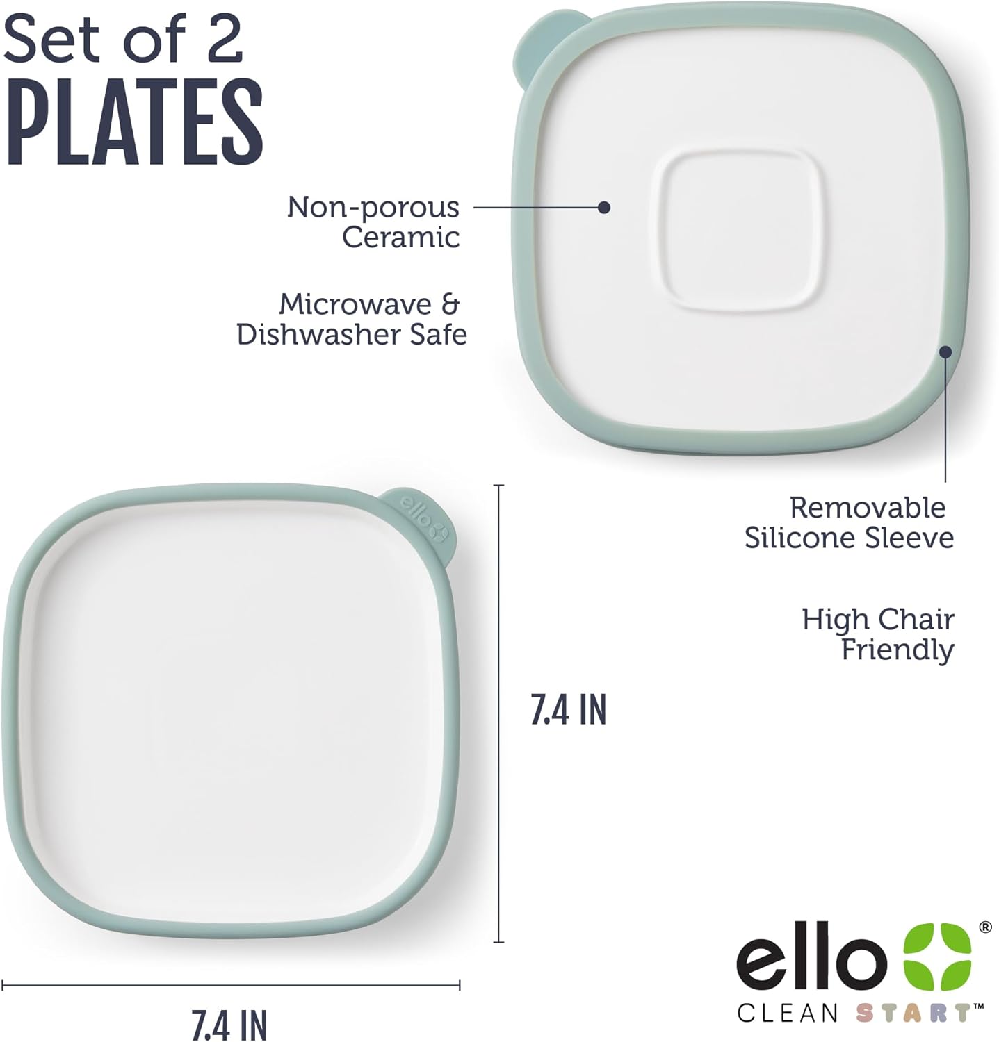 Ello Clean Start Ceramic Toddler Plates with Sleeves, 2 Pack, Dewdrop