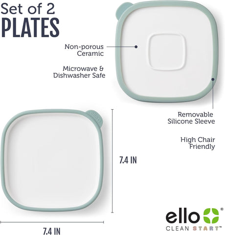 Ello Clean Start Ceramic Toddler Plates with Sleeves, 2 Pack, Dewdrop