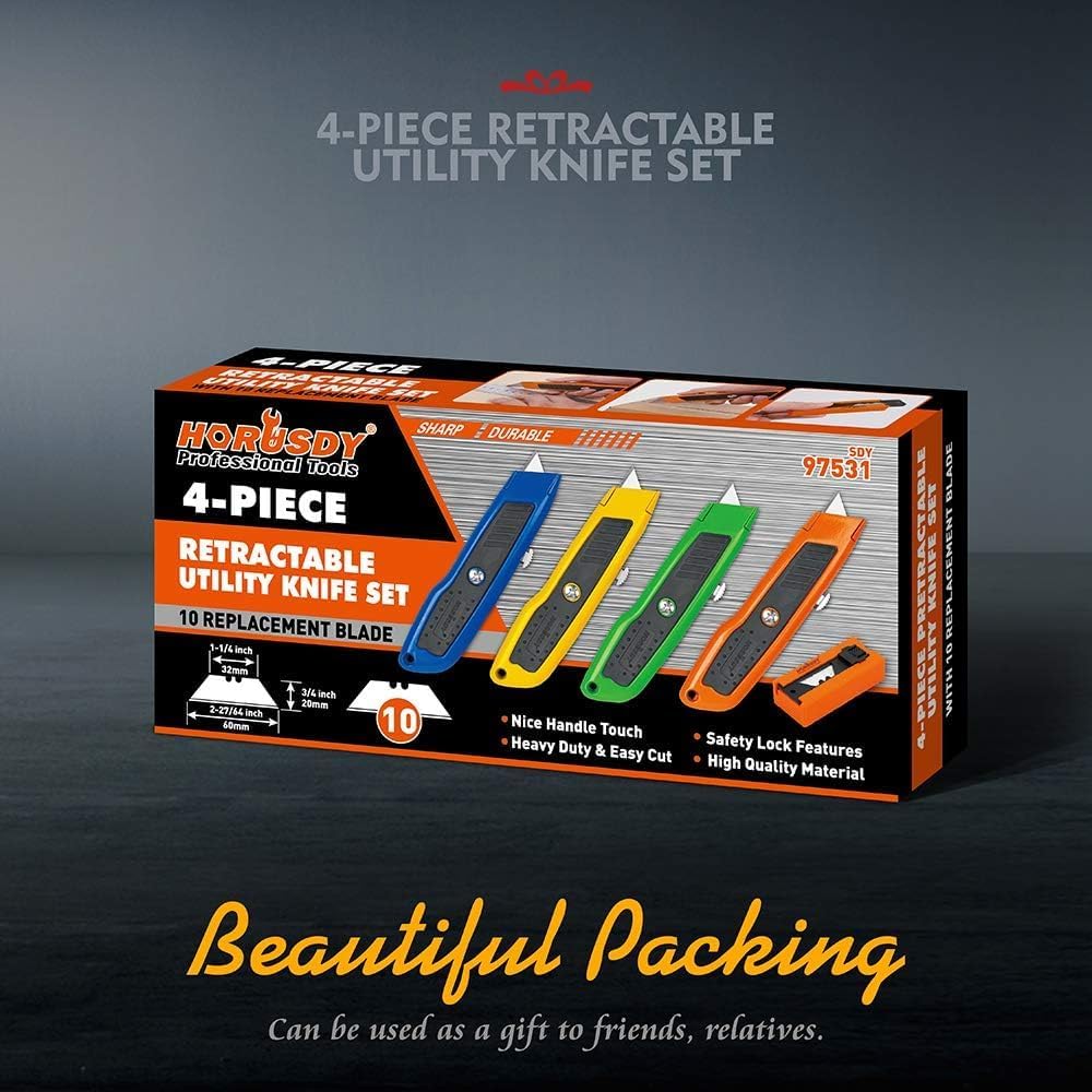 HORUSDY 4-Pack Box Cutter Utility Knife, Heavy Duty Aluminum Shell Retractable Box Cutter for Cardboard, Boxes and Cartons, Extra 10 Blades