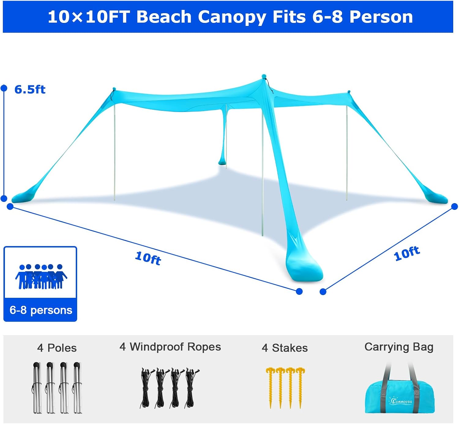 COMMOUDS Beach Tent Sun Shelter, UPF50+ Beach Shade Canopy
