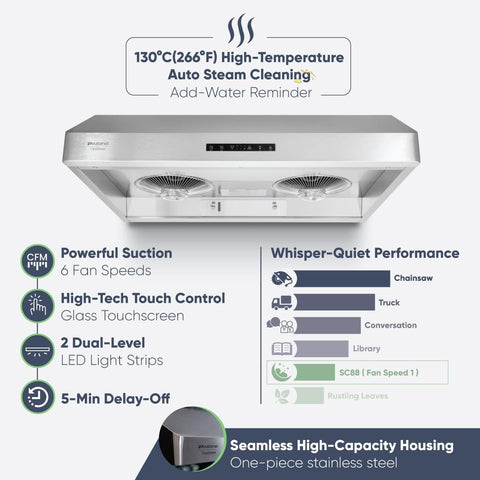Pacific Trusteam 30" Under Cabinet Hood, Auto Steam Cleaning, 900+ CFM Powerful Vent, Ultra Quiet Performance Hood, Stainless Steel Color, 2 Dual-Level LED Light Strips, High-Tech Touch Control (30'')