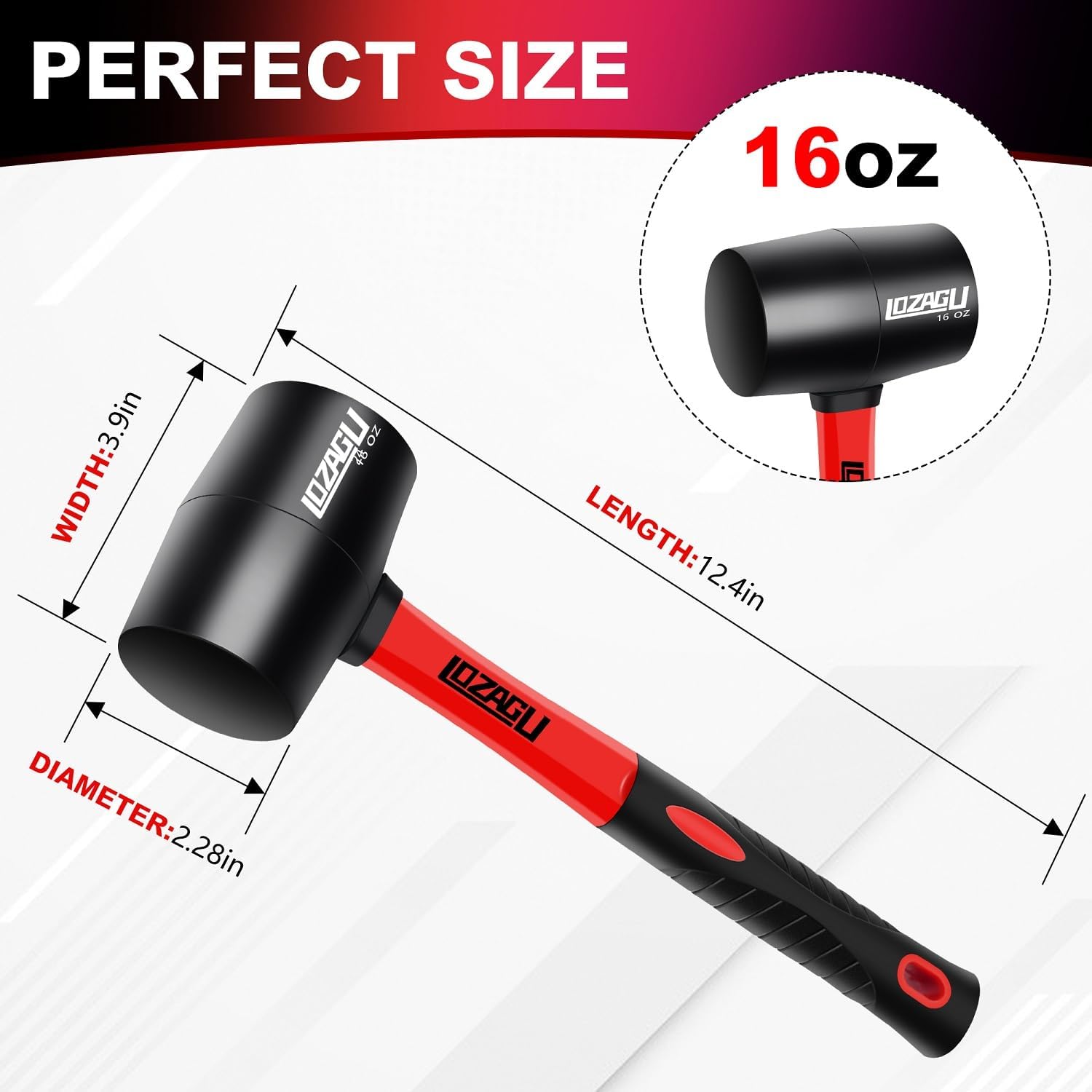 16oz Rubber Mallet Hammer, Fiberglass Handle, Rubber Mallet for Flooring, Tent Stakes, Woodworking, Camping, Soft Blow Tasks without Damage