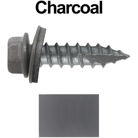 14 x 1 Charcoal Metal Roofing Screws - Hex Washer Head- Self-Starting/Tapping - EPDM Washer. 1 x 250 Count Bag - 250 Screws