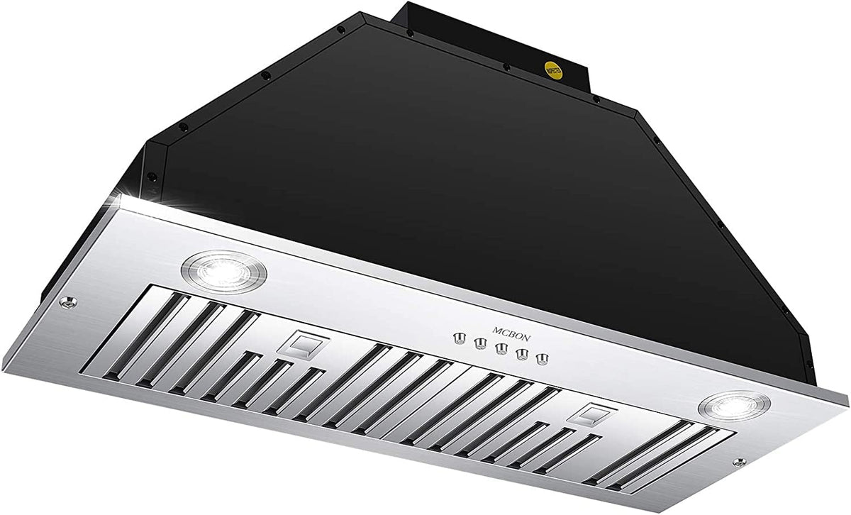 MCBON Ducted/Ductless Convertible 36" Range Hood, 600 CFM - Black Tool-Free Insert, Stainless Finish, IE71-BLACK-36
