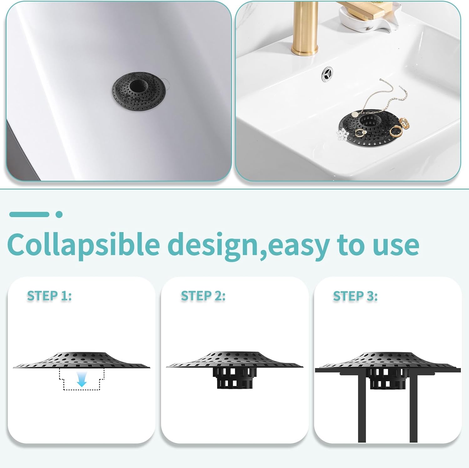 Aluvor Shower Hair Drain Catcher, Silicone Bathtub Drain Hair Catcher Strainer, All-in-one Tub Hair Catcher Drain Protector for 1.48'' to 1.76'' Regular Drains, 3PCS/Black