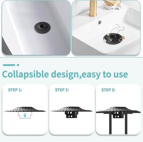 Aluvor Shower Hair Drain Catcher, Silicone Bathtub Drain Hair Catcher Strainer, All-in-one Tub Hair Catcher Drain Protector for 1.48'' to 1.76'' Regular Drains, 3PCS/Black