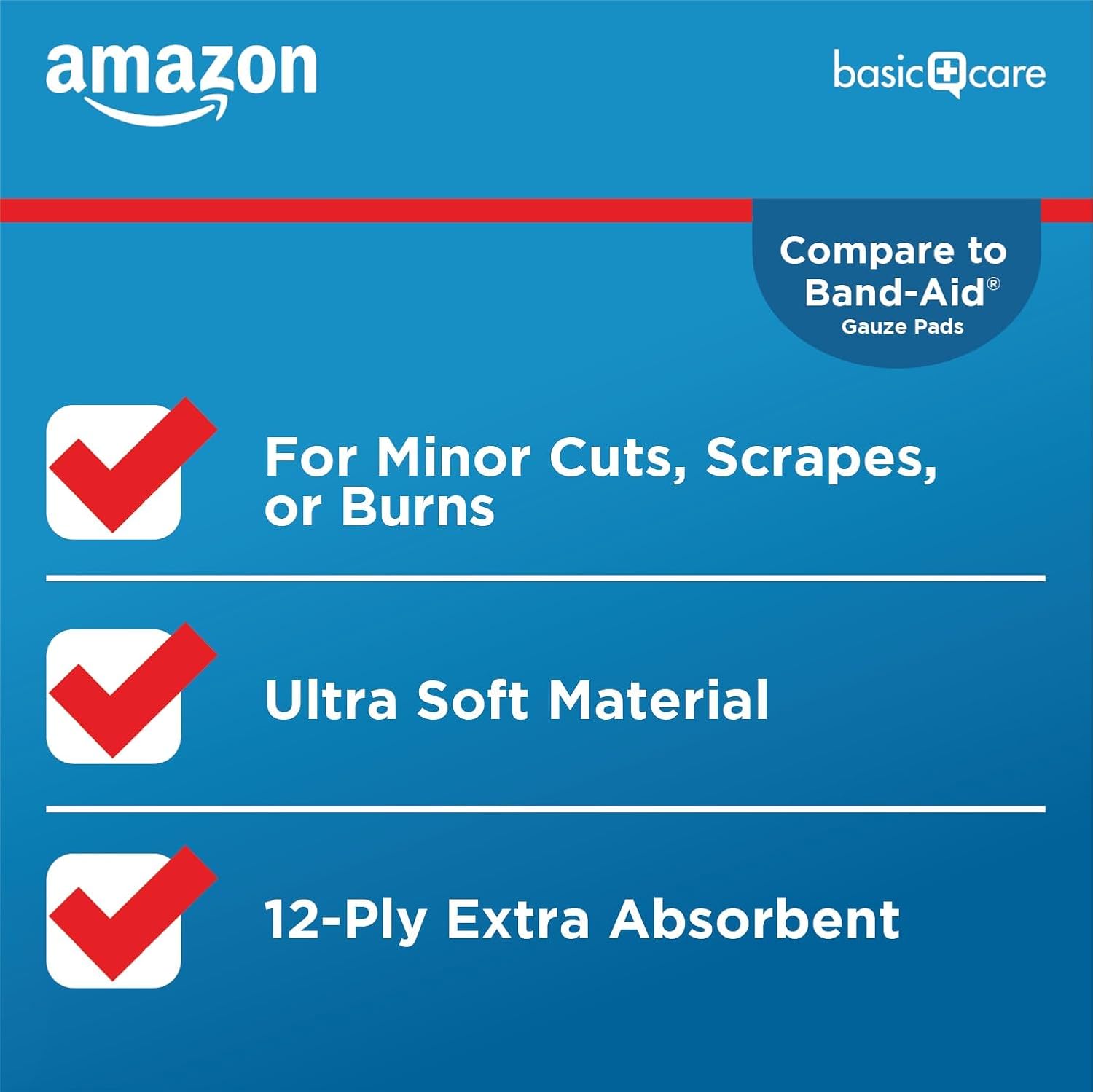Amazon Basic Care Gauze Pads, 3x3 inches Sterile Medical Wound Dressing Sponges, 12-Ply, Ultra Soft, Extra Absorbent, 50 Count, (Previously All Health) (Pack of 2)