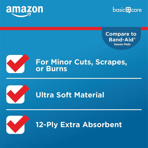 Amazon Basic Care Gauze Pads, 3x3 inches Sterile Medical Wound Dressing Sponges, 12-Ply, Ultra Soft, Extra Absorbent, 50 Count, (Previously All Health) (Pack of 2)