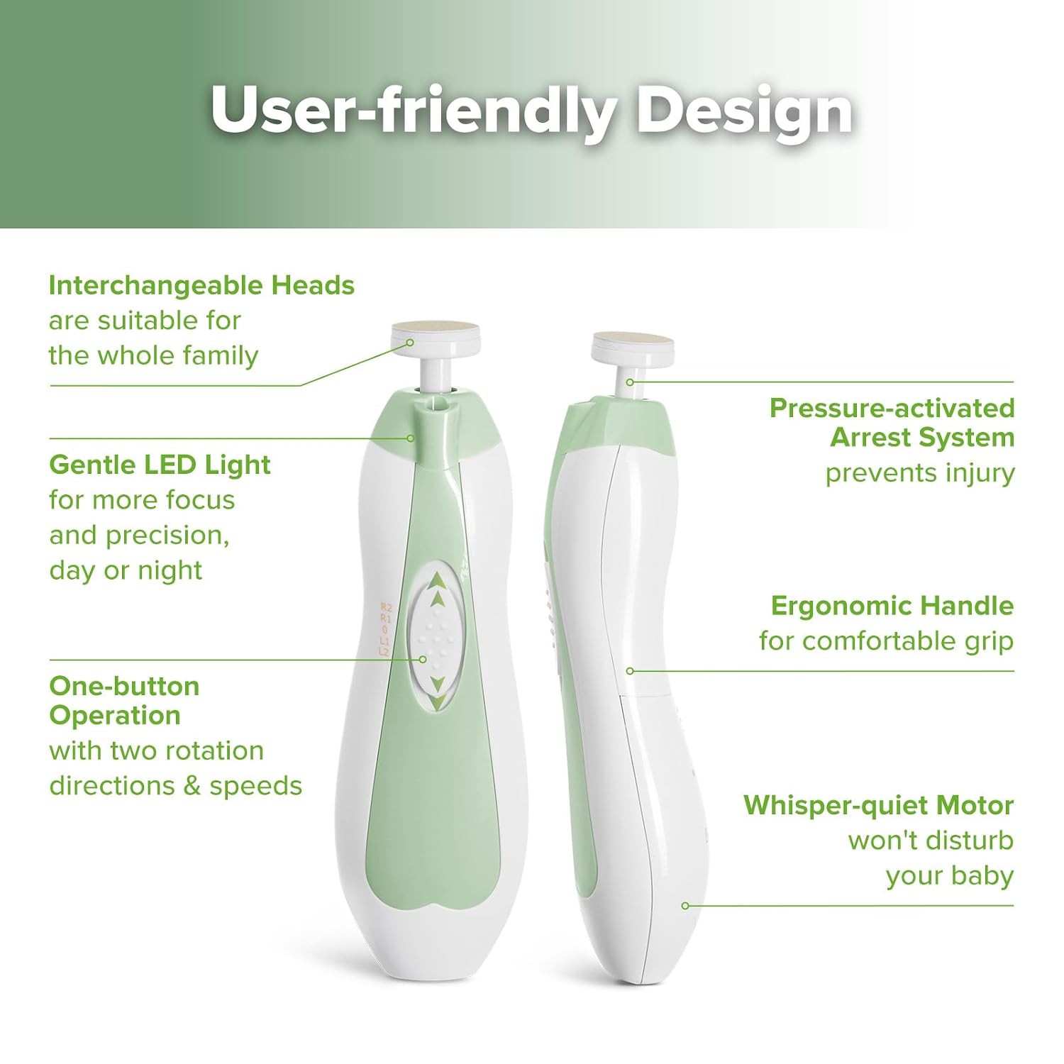 haakaa Electric Baby Nail File, LED Light Baby Nail Trimmer, Green