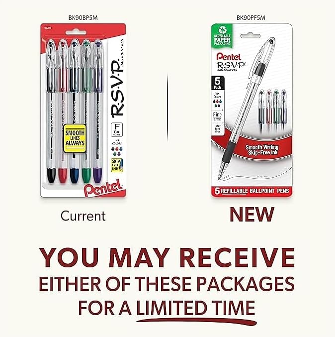 Pentel RSVP Ballpoint Pen, Fine Line, (0.7mm), Assorted Ink, Pack of 5 (BK90BP5M)