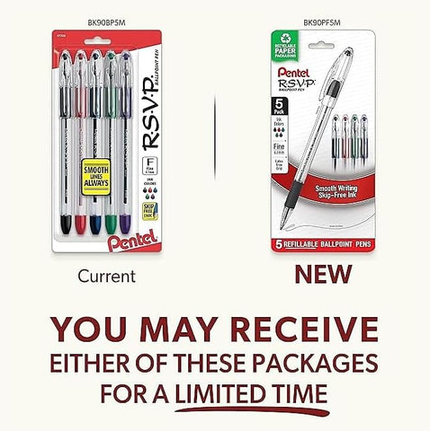 Pentel RSVP Ballpoint Pen, Fine Line, (0.7mm), Assorted Ink, Pack of 5 (BK90BP5M)