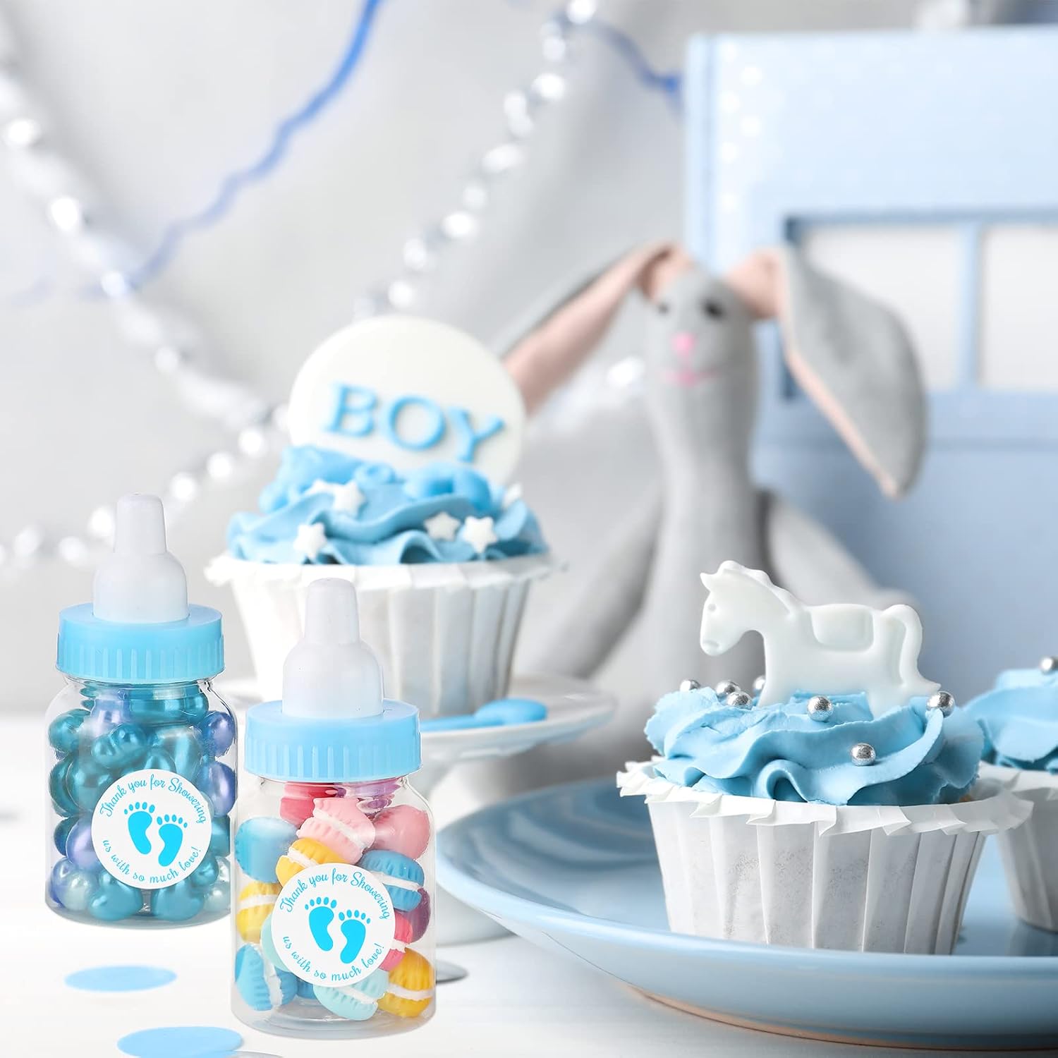 Tondiamo 48 Pcs Blue Baby Shower Mini Bottle Favors with Sticker