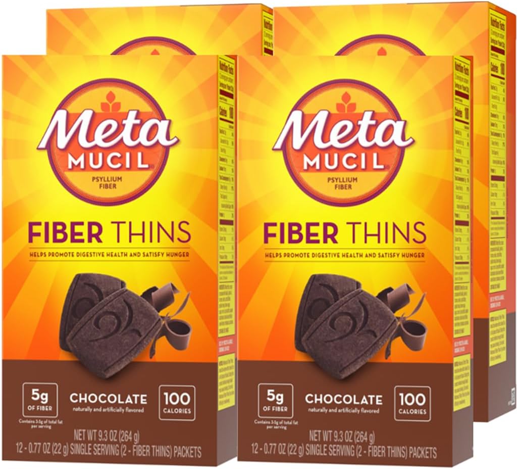 Metamucil, Fiber Thins, Daily Psyllium Husk Fiber Supplement, Supports Digestive Health and Satisfies Hunger, Chocolate Flavor, 48 Total Servings (4 Packs of 12)