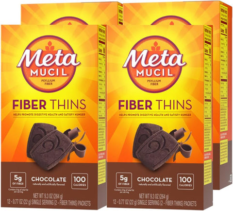 Metamucil, Fiber Thins, Daily Psyllium Husk Fiber Supplement, Supports Digestive Health and Satisfies Hunger, Chocolate Flavor, 48 Total Servings (4 Packs of 12)