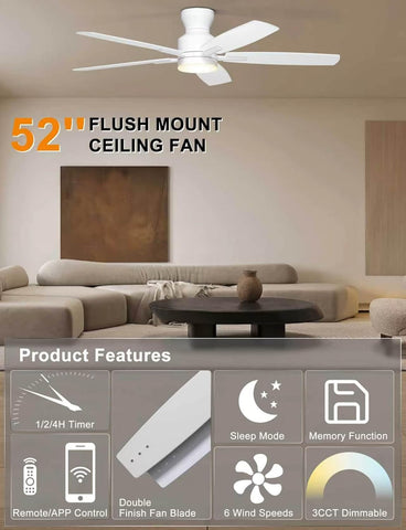 Ohniyou 52'' Low Profile Ceiling Fan with Lights, Remote/APP Control, White