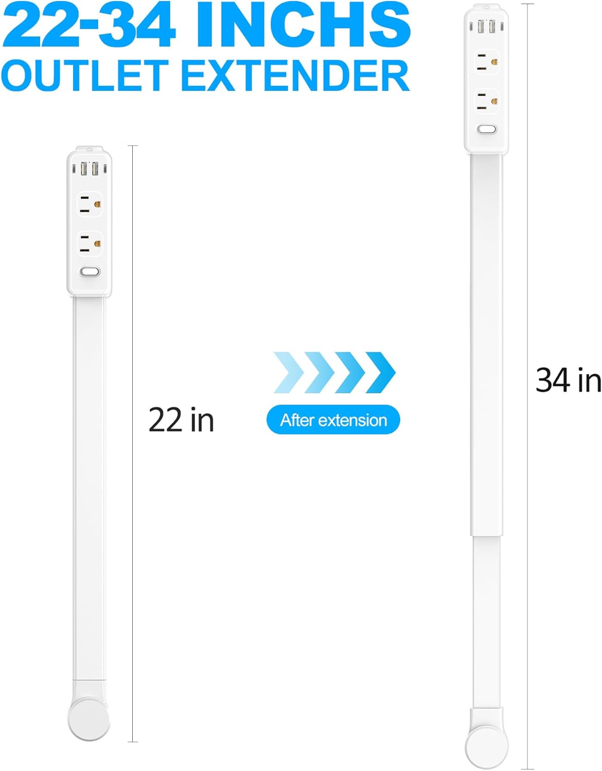 Olcorife Outlet Extender Stick, Power Strip with 6 Outlets & 4 USB Ports, Extends 22"-34", Rotates 180°(90° per Side), Home Dorm Essential for Nightstand, Couch and Desk