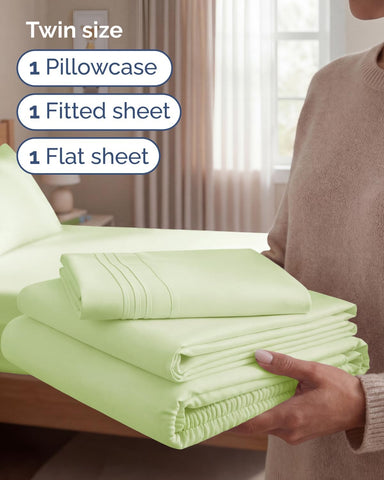 Twin Size 3 Piece Sheet Set - Comfy Breathable & Cooling - Light Sage Green