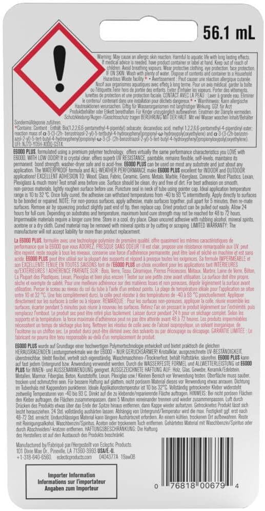 Eclectic Products inc. E6000 Plus Multi-purpose Clear Glue, Waterproof and Paintable, Strong Flexible Craft Adhesive for Wood, Glass, Fabric, Ceramic, Metal and More, 56.1ml