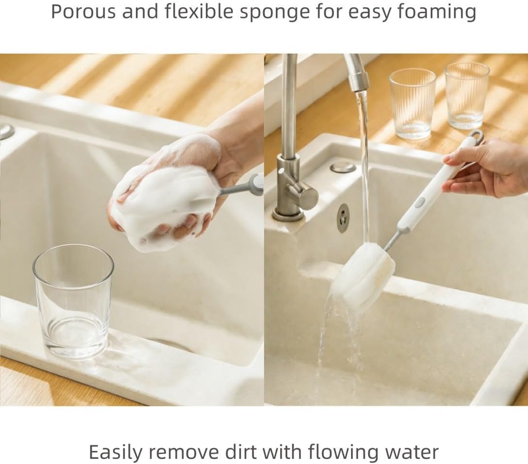 Bottle Brush Long Handle Cup Cleaner Brush Sponge Bottle Scrubber Detachable Handle Portable Sponge Cleaning Brush for Cups Wine Glasses Water Bottles Baby Bottles and Vacuum Flasks (White)
