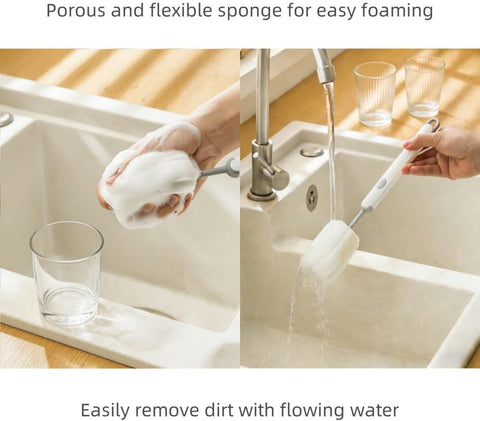 Bottle Brush Long Handle Cup Cleaner Brush Sponge Bottle Scrubber Detachable Handle Portable Sponge Cleaning Brush for Cups Wine Glasses Water Bottles Baby Bottles and Vacuum Flasks (White)