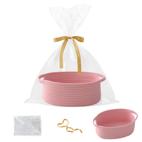 Pink Woven Rope Basket - Baby Gift Basket with Bag & Ribbon