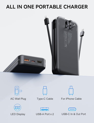 Nusyddy Portable Charger 20000mAh Fast Charging w/Built-in Wall Plug Black