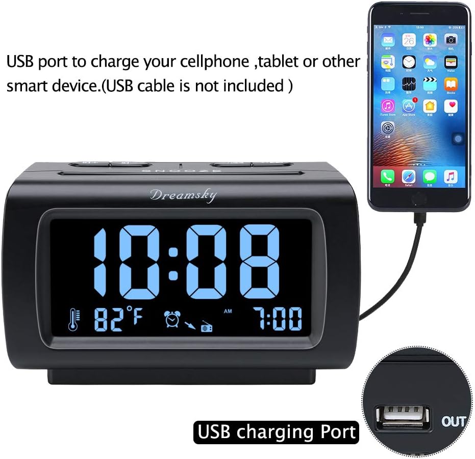 DreamSky Alarm Clock Radio for Bedrooms with Battery Backup