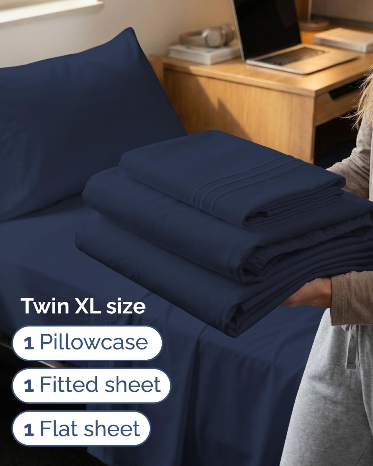 Twin XL 3 Piece Sheet Set - College Dorm Room Essentials - Navy Blue