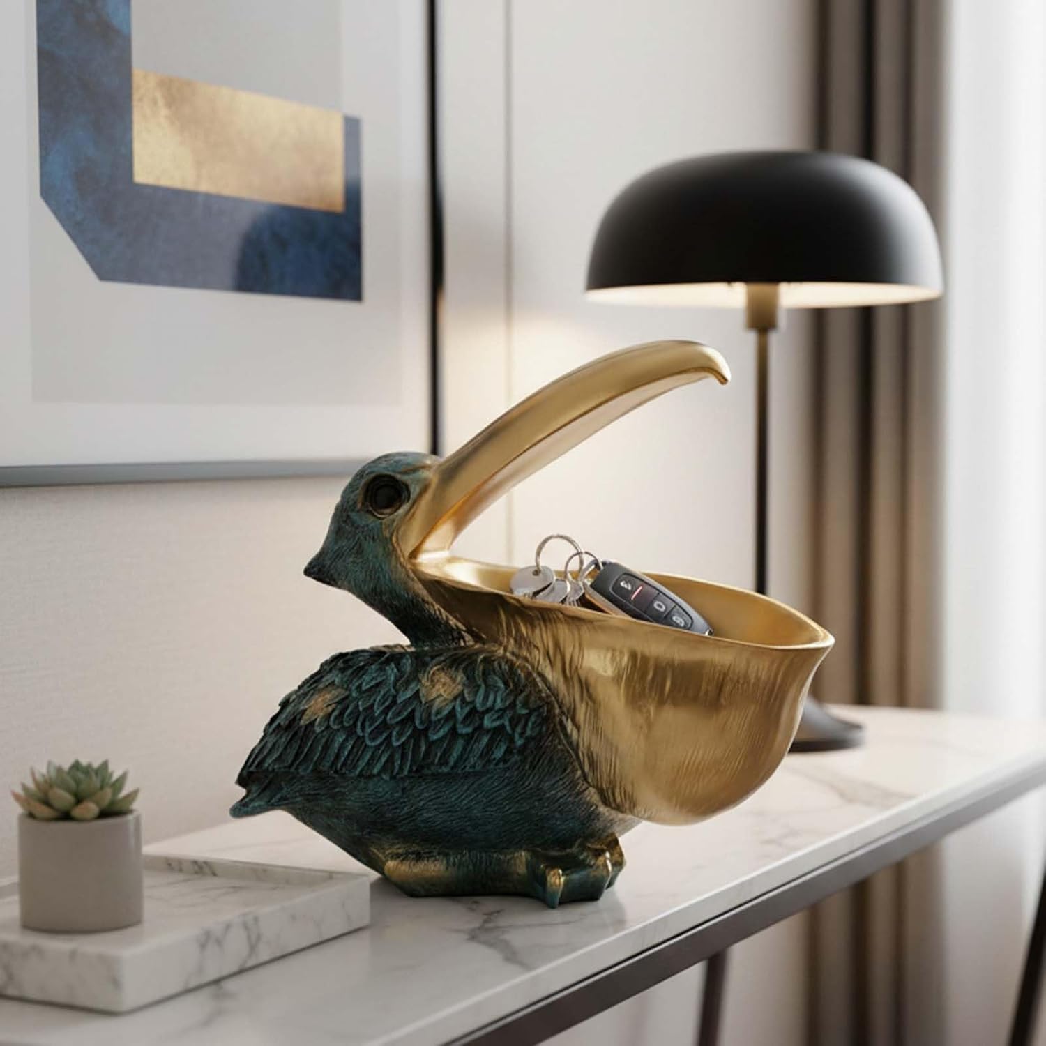 Pelican Key Holder Statues,Fun Animal Hippo Candy Dish,Candy Dish for Office Desk Unique,Modern Key Holder for Pelican Figurine,Suitability Desk bowl and Entry Table Decor Item (Green Gold)