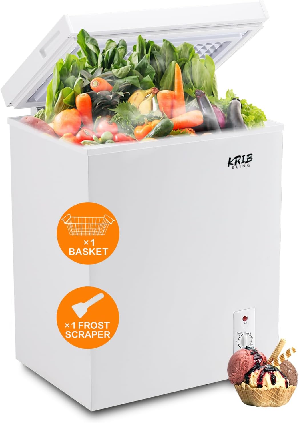 Krib Bling 5.0 Cu.Ft Chest Freezer with a Removable Basket, Deep Freezer with 7 Gears Temperature Control (-16F to -48F), for House, Kitchen, Garage, Basement, Shop, White
