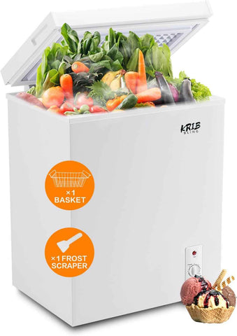 Krib Bling 5.0 Cu.Ft Chest Freezer with a Removable Basket, Deep Freezer with 7 Gears Temperature Control (-16F to -48F), for House, Kitchen, Garage, Basement, Shop, White
