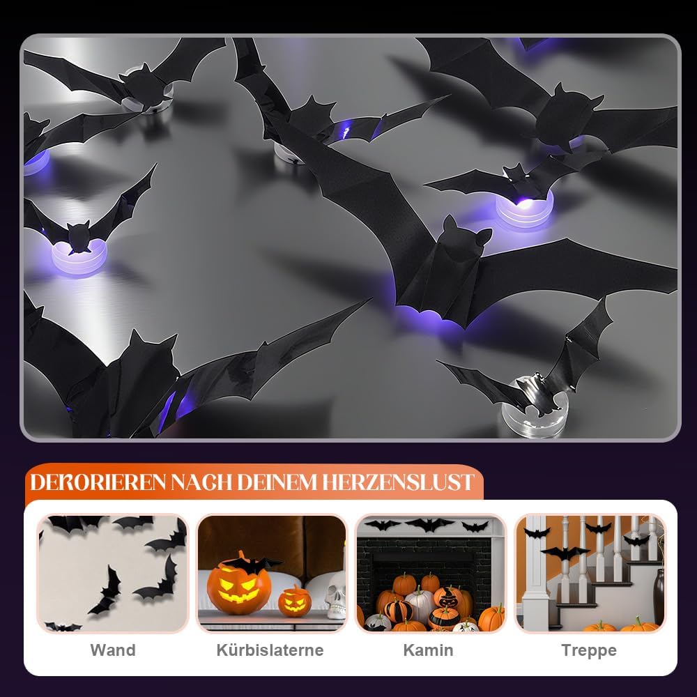 Spooky Glow 3D LED Bat Wall Decor, Halloween Lighted Flashing Bats (24Pcs)