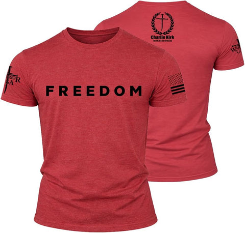 Charlie Kirk Freedom Memorial T-Shirt – White, American Flag, Screen Printed in The USA, Regular Fit