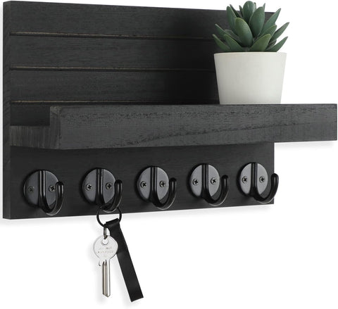 Lwenki Key Holder for Wall, Decorative Key and Mail Holder with Shelf Has Large Hooks for Bags, Coats, Umbrella – Paulownia Wood Key Hanger with Mounting Hardware (9.8”W x 6.7”H x 4.2”D)