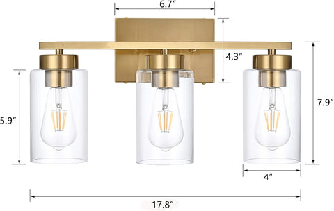 3-Light Bathroom Vanity Light, Modern Brushed Gold Wall Lights with Clear Glass Shades, Bathroom Wall Sconce Lamp for Mirror Living Room Bedroom Hallway