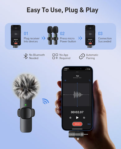 MENERESAS 3-in-1 Mini Microphone for iPhone: Wireless Lavalier Microphone with 80ft Range & 15H Battery - Noise Reduction Lapel Mic, Real-Time Monitoring for Video Recording Power Conditioners
