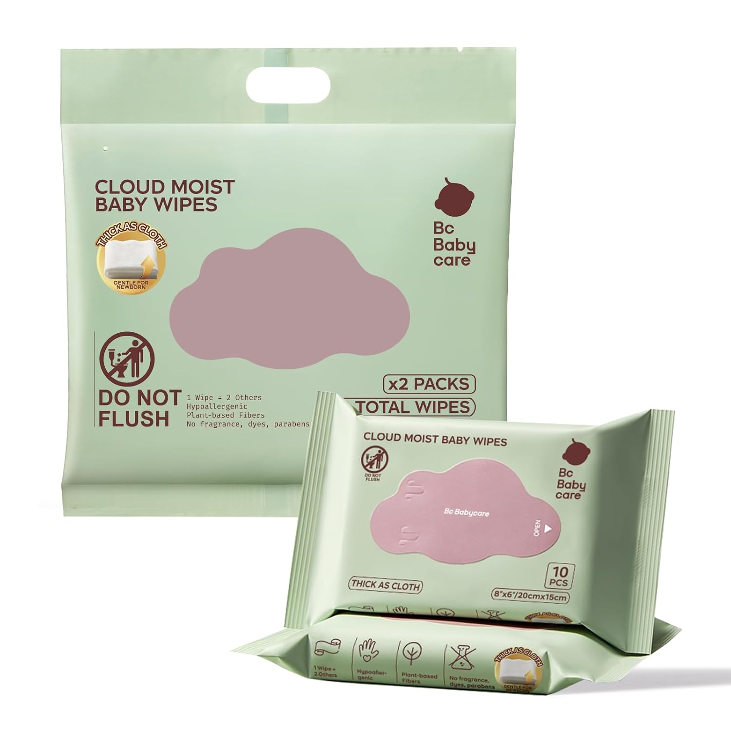 Bc Babycare Cloud Moist Baby Travel Wipes, 2 Pack, On The Go Pocket Size, Ultra Thick, 99% Water, Unscented, Hypoallergenic for Sensitive Skin, Biodegradable