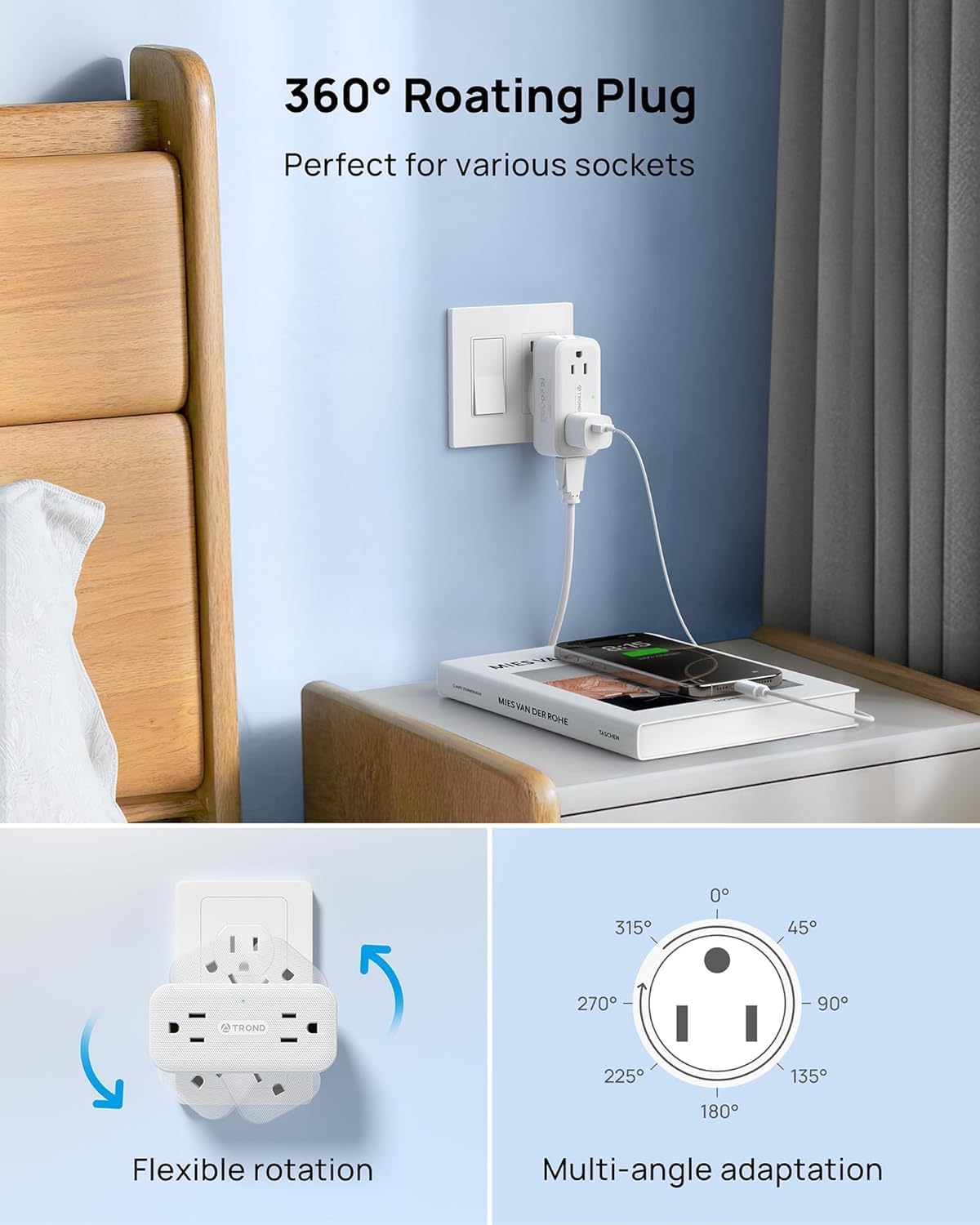 TROND Surge Protector Outlet Extender with 360 Rotating Plug, White