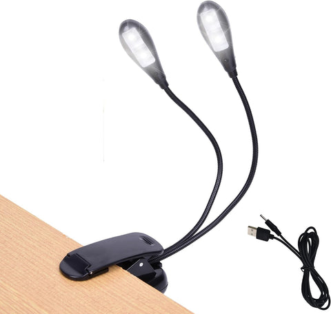 Music Stand Light, 1/2/4/10 Pack Clip on LED Book Lights, USB and AAA Battery Operated, Reading Lamp in Bed, 4 Brightness Levels, Ideal for Musician, Piano Player, Sheet Music, Travel (Dual Arm)