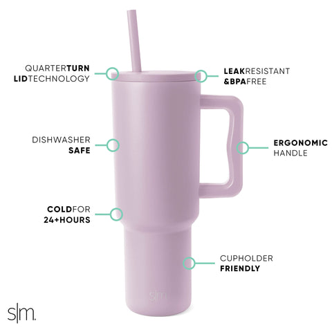 Simple Modern 40 oz Tumbler with Handle and Straw Lid | Insulated Cup Reusable Stainless Steel Water Bottle Travel Mug Cupholder Use | Gifts for Women Men Him Her | Trek Collection | Lavender Mist