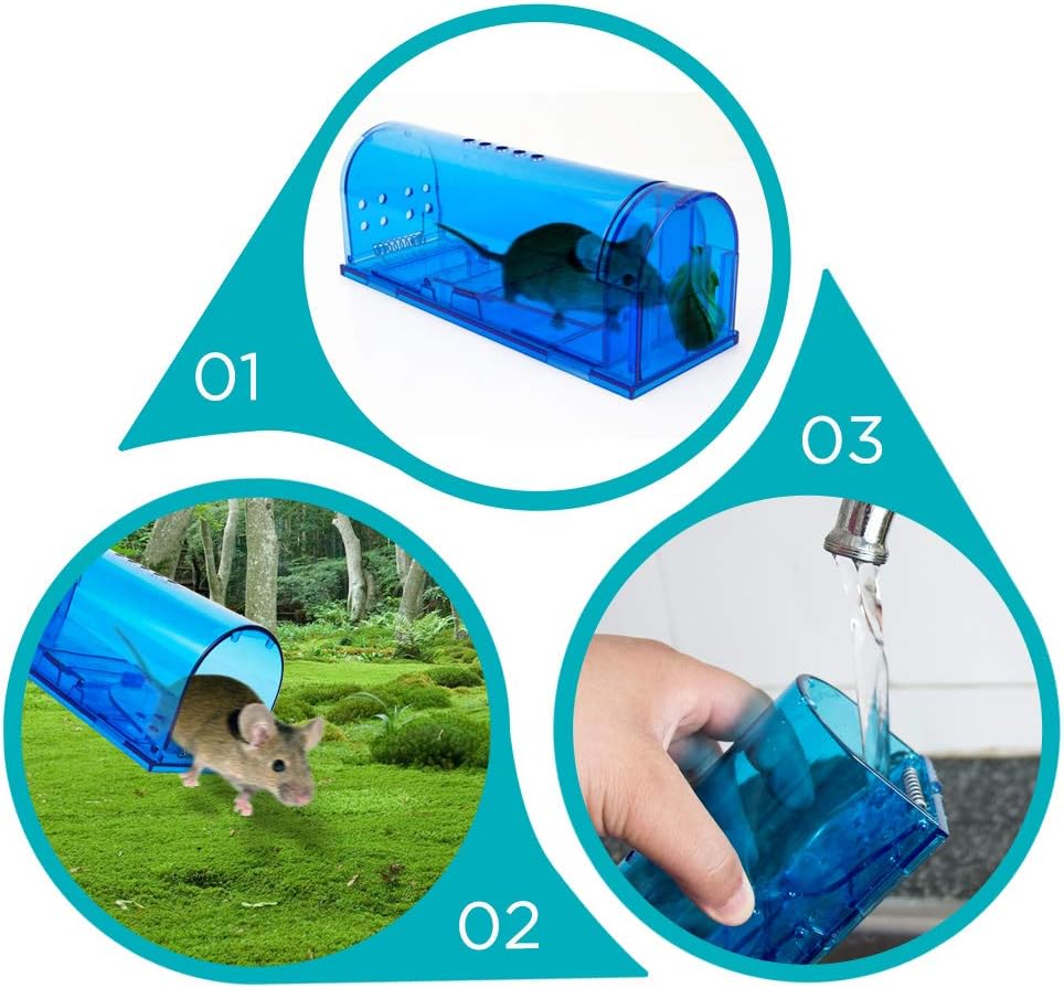 Humane Mouse Trap Reusable! [2-Pack] - Catch and Release No-Kill Rodent Traps for Indoors & Outdoors - Safe for Children & Pets - Reusable Mouse Catcher for Kitchen, Pantry & Garage Blinc (Blue)
