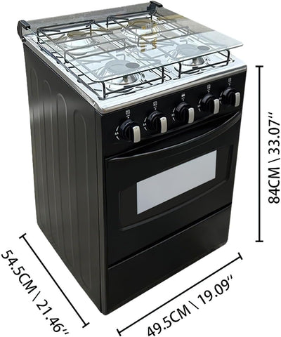 20" Freestanding LPG Oven - Equipped with 4 coil burners and Gas Stove with stainless steel 50L oven (Black: Automatic ignition)